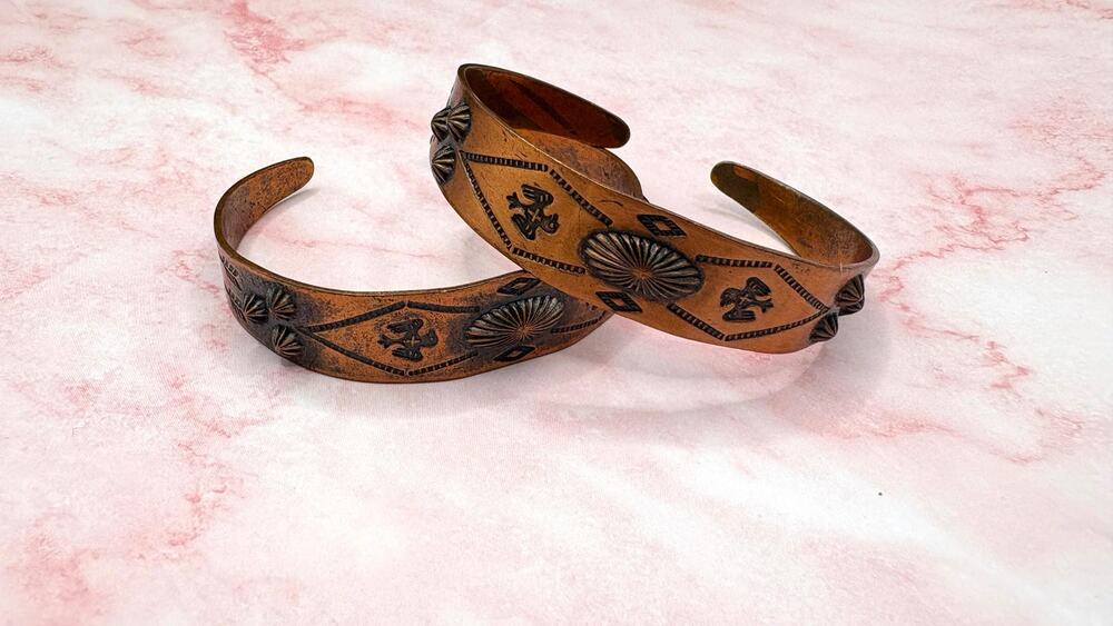 Pair Vintage Copper Cuff Bracelets Southwestern Stamped Thunderbird Fluted Set